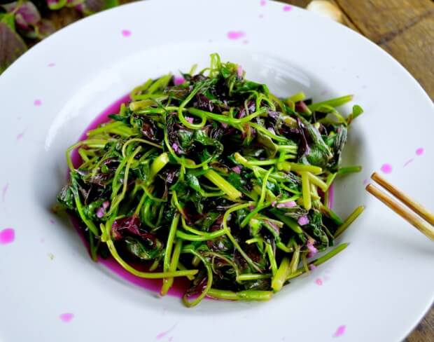 Stir-fried Pink Amaranth Greens - The Woks of Life