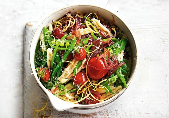 Capunti Pasta with Snow Peas, Summer Tomatoes and Lemon